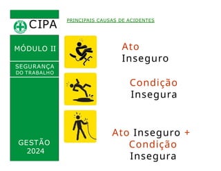 CIPA
.
PRINCIPAIS CAUSAS DE ACIDENTES
MÓDULO II Ato
Inseguro
SEGURANÇA
DO TRABALHO
GESTÃO
Condição
Insegura
Ato Inseguro +
Condição
Insegura
2024
 