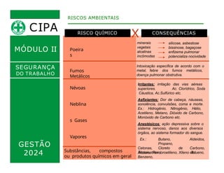 MÓDULO II
RISCO QUÍMICO CONSEQUÊNCIAS
Poeira
s
X
minerais
vegetais
alcalinas
incômodas
silicose, asbestose
bissinose, bagaçose
enfizema pulmonar
potencializa nocividade
Fumos
Metálicos
RISCOS AMBIENTAIS
SEGURANÇA
DO TRABALHO
GESTÃO
2024
Névoas
Neblina
s Gases
Intoxicação específica de acordo com o
metal, febre dos fumos metálicos,
doença pulmonar obstrutiva.
Irritantes: irritação das vias aéreas
superiores. Ac. Clorídrico, Soda
Cáustica, Ac.Sulfúrico etc.
Asfixiantes: Dor de cabeça, náuseas,
sonolência, convulsões, coma e morte.
Ex.: Hidrogênio, Nitrogênio, Hélio,
Acetileno, Metano, Dióxido de Carbono,
Monóxido de Carbono etc.
Anestésicos: ação depressiva sobre o
sistema nervoso, danos aos diversos
órgãos, ao sistema formador do sangue.
Ex.: Butano,
Propano,
Cetonas, Cloreto de
Tricloroetileno,
Benzeno,
Aldeídos,
Carbono,
Tolueno,
Álcoois, Percloroetileno, Xileno etc.
Vapores
Substâncias, compostos
ou produtos químicos em geral
CIPA
 