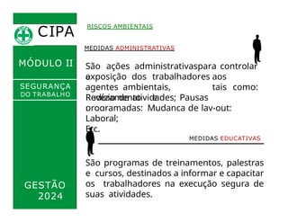 CIPA
.
MÓDULO II
RISCOS AMBIENTAIS
MEDIDAS ADMINISTRATIVAS
São ações administrativaspara controlar
a
exposição dos trabalhadores aos
agentes ambientais, tais como:
Revezamento e
Rodízio de atividades; Pausas
programadas; Mudança de lay-out;
Realização de Exercício
SEGURANÇA
DO TRABALHO
GESTÃO
2024
MEDIDAS EDUCATIVAS
São programas de treinamentos, palestras
e cursos, destinados a informar e capacitar
os trabalhadores na execução segura de
suas atividades.
Laboral;
Etc.
 