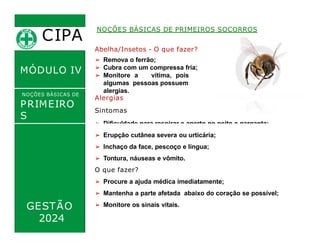 Abelha/Insetos - O que fazer?
➢ Remova o ferrão;
➢ Cubra com um compressa fria;
➢ Monitore a vítima, pois
algumas pessoas possuem
alergias.
Alergias
Sintomas
➢ Dificuldade para respirar e aperto no peito e garganta;
CIPA
.
MÓDULO IV
NOÇÕES BÁSICAS DE
PRIMEIRO
S
SOCORROS
NOÇÕES BÁSICAS DE PRIMEIROS SOCORROS
➢ Erupção cutânea severa ou urticária;
➢ Inchaço da face, pescoço e língua;
➢ Tontura, náuseas e vômito.
O que fazer?
➢ Procure a ajuda médica imediatamente;
➢ Mantenha a parte afetada abaixo do coração se possível;
➢ Monitore os sinais vitais.
GESTÃO
2024
 