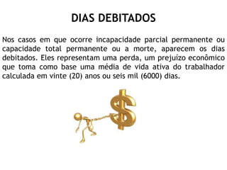 DIAS DEBITADOS
Nos casos em que ocorre incapacidade parcial permanente ou
capacidade total permanente ou a morte, aparecem os dias
debitados. Eles representam uma perda, um prejuízo econômico
que toma como base uma média de vida ativa do trabalhador
calculada em vinte (20) anos ou seis mil (6000) dias.
 