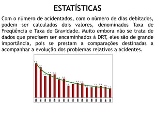 ESTATÍSTICAS
Com o número de acidentados, com o número de dias debitados,
podem ser calculados dois valores, denominados Taxa de
Freqüência e Taxa de Gravidade. Muito embora não se trata de
dados que precisem ser encaminhados à DRT, eles são de grande
importância, pois se prestam a comparações destinadas a
acompanhar a evolução dos problemas relativos a acidentes.
 