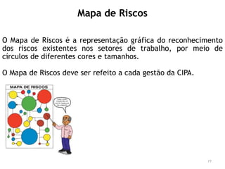 Mapa de Riscos
O Mapa de Riscos é a representação gráfica do reconhecimento
dos riscos existentes nos setores de trabalho, por meio de
círculos de diferentes cores e tamanhos.
O Mapa de Riscos deve ser refeito a cada gestão da CIPA.
77
 