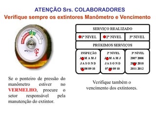 ATENÇÃO Srs. COLABORADORES
Verifique sempre os extintores Manômetro e Vencimento
Se o ponteiro de pressão do
manômetro estiver no
VERMELHO, procure o
setor responsável pela
manutenção do extintor.
Verifique também o
vencimento dos extintores.
 