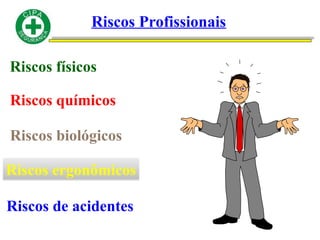 Riscos Profissionais
Riscos físicos
Riscos químicos
Riscos ergonômicos
Riscos de acidentes
Riscos biológicos
 