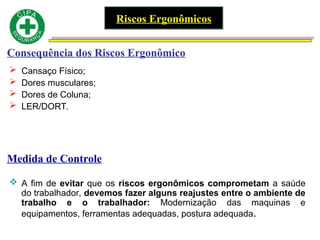  Cansaço Físico;
 Dores musculares;
 Dores de Coluna;
 LER/DORT.
Consequência dos Riscos Ergonômico
Medida de Controle
 A fim de evitar que os riscos ergonômicos comprometam a saúde
do trabalhador, devemos fazer alguns reajustes entre o ambiente de
trabalho e o trabalhador: Modernização das maquinas e
equipamentos, ferramentas adequadas, postura adequada.
Riscos Ergonômicos
 