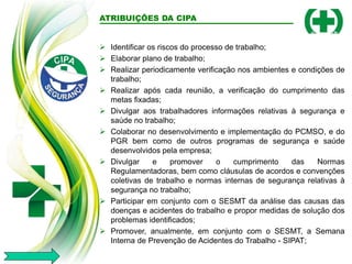 ATRIBUIÇÕES DA CIPA
 Identificar os riscos do processo de trabalho;
 Elaborar plano de trabalho;
 Realizar periodicamente verificação nos ambientes e condições de
trabalho;
 Realizar após cada reunião, a verificação do cumprimento das
metas fixadas;
 Divulgar aos trabalhadores informações relativas à segurança e
saúde no trabalho;
 Colaborar no desenvolvimento e implementação do PCMSO, e do
PGR bem como de outros programas de segurança e saúde
desenvolvidos pela empresa;
 Divulgar e promover o cumprimento das Normas
Regulamentadoras, bem como cláusulas de acordos e convenções
coletivas de trabalho e normas internas de segurança relativas à
segurança no trabalho;
 Participar em conjunto com o SESMT da análise das causas das
doenças e acidentes do trabalho e propor medidas de solução dos
problemas identificados;
 Promover, anualmente, em conjunto com o SESMT, a Semana
Interna de Prevenção de Acidentes do Trabalho - SIPAT;
 