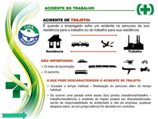 Residência Trabalho
ACIDENTE DO TRABALHO
ACIDENTE DE TRAJETO:
É quando o empregado sofre um acidente no percurso da sua
residência para o trabalho ou do trabalho para sua residência.
O QUE PODE DESCARACTERIZAR O ACIDENTE DE TRAJETO
 Exceder o tempo habitual - Realização do percurso além do tempo
habitual
 Se ocorrer uma parada entre esses dois pontos (residência/trabalho –
trabalho/residência) o acidente de trajeto poderá ser descaracterizado,
sendo de responsabilidade do acidentado e não da empresa, qualquer
despesa salvo, se em jurisprudência for decidido em contrário.
NÃO IMPORTANDO
 O meio de locomoção
 O caminho
 