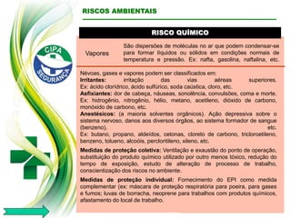 RISCO QUÍMICO
RISCOS AMBIENTAIS
Vapores
São dispersões de moléculas no ar que podem condensar-se
para formar líquidos ou sólidos em condições normais de
temperatura e pressão. Ex: nafta, gasolina, naftalina, etc.
Névoas, gases e vapores podem ser classificados em:
Irritantes: irritação das vias aéreas superiores.
Ex: ácido clorídrico, ácido sulfúrico, soda caústica, cloro, etc.
Asfixiantes: dor de cabeça, náuseas, sonolência, convulsões, coma e morte.
Ex: hidrogênio, nitrogênio, hélio, metano, acetileno, dióxido de carbono,
monóxido de carbono, etc.
Anestésicos: (a maioria solventes orgânicos). Ação depressiva sobre o
sistema nervoso, danos aos diversos órgãos, ao sistema formador de sangue
(benzeno), etc.
Ex: butano, propano, aldeídos, cetonas, cloreto de carbono, tricloroetileno,
benzeno, tolueno, alcoóis, percloritileno, xileno, etc.
Medidas de proteção coletiva: Ventilação e exaustão do ponto de operação,
substituição do produto químico utilizado por outro menos tóxico, redução do
tempo de exposição, estudo de alteração de processo de trabalho,
conscientização dos riscos no ambiente.
Medidas de proteção individual: Fornecimento do EPI como medida
complementar (ex: máscara de proteção respiratória para poeira, para gases
e fumos; luvas de borracha, neoprene para trabalhos com produtos químicos,
afastamento do local de trabalho.
 