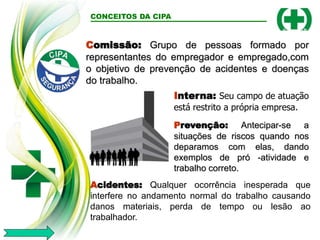 Comissão: Grupo de pessoas formado por
representantes do empregador e empregado,com
o objetivo de prevenção de acidentes e doenças
do trabalho.
CONCEITOS DA CIPA
Interna: Seu campo de atuação
está restrito a própria empresa.
Prevenção: Antecipar-se a
situações de riscos quando nos
deparamos com elas, dando
exemplos de pró -atividade e
trabalho correto.
Acidentes: Qualquer ocorrência inesperada que
interfere no andamento normal do trabalho causando
danos materiais, perda de tempo ou lesão ao
trabalhador.
 