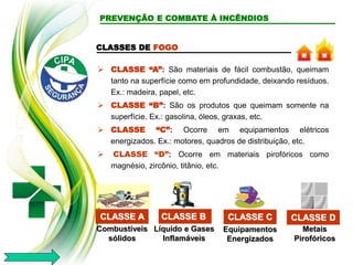 CLASSES DE FOGO
 CLASSE “A”: São materiais de fácil combustão, queimam
tanto na superfície como em profundidade, deixando resíduos.
Ex.: madeira, papel, etc.
 CLASSE “B”: São os produtos que queimam somente na
superfície. Ex.: gasolina, óleos, graxas, etc.
 CLASSE “C”: Ocorre em equipamentos elétricos
energizados. Ex.: motores, quadros de distribuição, etc.
 CLASSE “D”: Ocorre em materiais pirofóricos como
magnésio, zircônio, titânio, etc.
CLASSE A
Líquido e Gases
Inflamáveis
Equipamentos
Energizados
Metais
Pirofóricos
Combustíveis
sólidos
CLASSE B CLASSE C CLASSE D
PREVENÇÃO E COMBATE À INCÊNDIOS
 