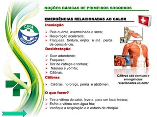 EMERGÊNCIAS RELACIONADAS AO CALOR
Insolação
 Pele quente, avermelhada e seca;
 Respiração acelerada;
 Fraqueza, tontura, enjôo e até perda
de consciência.
O que fazer?
 Tire a vítima do calor, leve-a para um local fresco;
 Esfrie a vítima com água fria;
 Verifique a respiração e o estado de choque.
Desidratação
 Suor adundante;
 Fraqueza;
 Dor de cabeça e tontura;
 Náusea e vômito;
 Cãibras.
Cãibras
 Cãibras no braço, perna e abdômen.
Cãibras são comuns e
emergências
relacionadas ao calor
NOÇÕES BÁSICAS DE PRIMEIROS SOCORROS
 