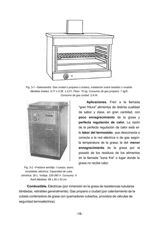Fig. 3­1.– 
Salamandra. Gas ciudad o propano o butano; instalación sobre bastidor o mueble. 
Medidas totales: 0,71 x 0,56 x 0,51. Peso: 70 kg. Consumo de gas propano: 1 kg/h. 
Consumo de gas ciudad: 2,4 l/h. 
-18- 
Aplicaciones. Freír a la llamada 
"gran fritura" alimentos de distinta cualidad 
de sabor y clase, en gran cantidad, con 
poco ennegrecimiento de la grasa y 
perfecta regulación de calor. La razón 
de la perfecta regulación de calor está en 
la labor del termostato, que desconecta o 
conecta a la red eléctrica o de gas según 
la temperatura de la grasa; la del menor 
ennegrecimiento de la grasa por el 
posado de los residuos de los alimentos 
en la llamada "zona fría" o lugar donde la 
grasa no recibe calor. 
Fig. 3­2.– 
Freidora semifija: I cuerpo; acero 
inoxidable; eléctrica. Capacidad de cuba 
cilíndrica: 30 L. Voltaje: 220­380 
V. Consumo: 4 
Kw/h.Medidas: 86 x 59 x 53 cm. 
Combustible. Eléctricas (por inmersión en la grasa de resistencias tubulares 
blindadas, retirables generalmente). Gas propano o ciudad (por calentamiento de la 
cubeta contenedora de grasa con quemadores cubiertos, provistos de válvulas de 
seguridad termoeléctrica). 
 