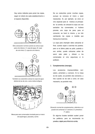-50- 
Hay varios métodos para poner las copas, 
según el criterio de cada establecimiento o 
el espacio disponible. 
Otra colocación normal cuando se coloca copa 
para vino blanco. A: copa de agua; B: copa 
de vino tinto; C: copa de vino blanco. 
También es costumbre colocar la copa de agua 
detrás de las de vino, como indica la figura. 
Mesa para seis comensales montada para un menú 
de espárragos, pescado y carne. 
No es costumbre poner muchas copas, 
aunque se conozca el menú y sean 
necesarias. Si, por ejemplo, se sirve un 
vino especial para el marisco al principio 
de la comida, se colocará la copa una vez 
sentados los comensales; si hubiera 
prevista una copa de jerez para el 
consomé, se hará lo mismo, y se irán 
cambiando las copas a medida que 
transcurra el servicio. 
La copa para champán debe colocarse al 
final, cuando vayan a servirse los postres; 
pero si el último plato es pollo, pularda o 
ave similar, puede colocarse antes de 
servir este plato y ofrecer a los 
comensales el vino espumoso si lo 
prefieren. 
3. Complementos (menaje). 
Los accesorios imprescindibles son: 
salero, pimentero y cenicero. Si la mesa 
es de cuatro, se pondrán dos ceniceros, y 
tres cuando es de seis a ocho; en caso 
necesario, se pondrán más. 
Situación normal de complementos, referidos a un 
puesto de comensal. D: cenicero; E: pimentero; 
F: salero. 
En algunos locales también suelen poner 
los palilleros; pero se recomienda no 
ponerlos o dejarlo para el final de la comida. 
 