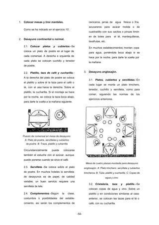 -54- 
1. Colocar mesas y tirar manteles. 
Como se ha indicado en el ejercicio 10. 
2. Desayuno continental o normal. 
2.1. Colocar platos y cubiertos.–Se 
coloca un plato de postre en el lugar de 
cada comensal. A derecha e izquierda de 
cada plato se colocan cuchillo y tenedor 
de postre. 
2.2. Platillo, taza de café y cucharilla.– 
A la derecha del plato de postre se coloca 
el platillo y sobre él la taza para el café o 
té, con el asa hacia la derecha. Sobre el 
platillo, la cucharilla. Si el montaje se hace 
por la noche, se coloca la taza boca abajo, 
para darle la vuelta a la mañana siguiente. 
Puesto de comensal en mesa de desayuno. 
A: Plato de postre, servilletas y cubiertos 
de postre. B: Traza, platillo y cuharrilla 
Circunstancialmente puede colocarse 
también el estuche con el azúcar, aunque 
puede ponerse cuando se sirva el café. 
2.3. Servilleta.–Se coloca sobre el plato 
de postre. En muchos hoteles la servilleta 
de desayunos es de papel, de calidad 
variable; un buen servicio requiere una 
servilleta de tela. 
2.4. Complementos.–Según la clase, 
costumbre o posibilidades del estable-cimiento, 
así serán los complementos de 
ceniceros, jarras de agua fresca o fría, 
azucareros para azúcar molida o de 
cuadradillo con sus cacitos o pinzas limón 
en de boles para el té, mantequilleras, 
lavafrutas, etc. 
En muchos establecimientos montan copa 
para agua, poniéndola boca abajo si se 
hace por la noche, para darle la vuelta por 
la mañana. 
3. Desayuno anglosajón. 
3.1. Platos, cubiertos y servilletas.–En 
cada lugar se monta un plato trinchero, 
tenedor, cuchillo y servilleta, como para 
comer, siguiendo las normas de los 
ejercicios anteriores. 
Mesa de cuatro plazas montada para desayuno 
anglosajón. A: Plato trinchero, servilleta y cubiertos 
trincheros. B: Taza, platillo y cucharilla. C: Copas de 
agua y vino. 
3.2. Cristalería, taza y platillo.–Se 
colocan copas de agua y vino. Sobre un 
platillo y en condiciones similares al caso 
anterior, se colocan las tazas para el té o 
café, con su cucharilla. 
 