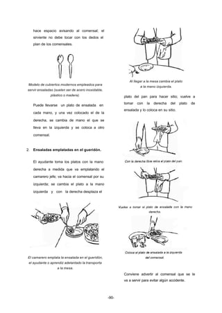 -90- 
hace espacio avisando al comensal; el 
sirviente no debe tocar con los dedos el 
plan de los comensales. 
Modelo de cubiertos modernos empleados para 
servir ensaladas (suelen ser de acero inoxidable, 
plástico o madera). 
Puede llevarse un plato de ensalada en 
cada mano, y una vez colocado el de la 
derecha, se cambia de mano el que se 
lleva en la izquierda y se coloca a otro 
comensal. 
2. Ensaladas emplatadas en el gueridón. 
El ayudante toma los platos con la mano 
derecha a medida que va emplatando el 
camarero jefe; va hacia el comensal por su 
izquierda; se cambia el plato a la mano 
izquierda y con la derecha desplaza el 
El camarero emplata la ensalada en el gueridón, 
el ayudante o aprendiz adelantado la transporta 
a la mesa. 
Al llegar a la mesa cambia el plato 
a la mano izquierda. 
plato del pan para hacer sitio; vuelve a 
tomar con la derecha del plato de 
ensalada y lo coloca en su sitio. 
Conviene advertir al comensal que se le 
va a servir para evitar algún accidente. 
 