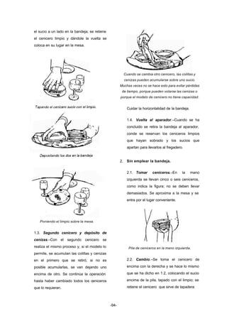 -94- 
el sucio a un lado en la bandeja; se retiene 
el cenicero limpio y dándole la vuelta se 
coloca en su lugar en la mesa. 
Poniendo el limpio sobre la mesa. 
1.3. Segundo cenicero y depósito de 
cenizas.–Con el segundo cenicero se 
realiza el mismo proceso y, si el modelo lo 
permite, se acumulan las colillas y cenizas 
en el primero que se retiró; si no es 
posible acumularlas, se van dejando uno 
encima de otro. Se continúa la operación 
hasta haber cambiado todos los ceniceros 
que lo requieran. 
Cuando se cambia otro cenicero, las colillas y 
cenizas pueden acumularse sobre uno sucio. 
Muchas veces no se hace esto para evitar pérdidas 
de tiempo, porque pueden volarse las cenizas o 
porque el modelo de cenicero no tiene capacidad. 
Cuidar la horizontalidad de la bandeja. 
1.4. Vuelta al aparador.–Cuando se ha 
concluido se retira la bandeja al aparador, 
conde se reservan los ceniceros limpios 
que hayan sobrado y los sucios que 
apartan para llevarlos al fregadero. 
2. Sin emplear la bandeja. 
2.1. Tomar ceniceros.–En la mano 
izquierda se llevan cinco o seis ceniceros, 
como indica la figura; no se deben llevar 
demasiados. Se aproxima a la mesa y se 
entra por el lugar conveniente. 
Pila de ceniceros en la mano izquierda. 
2.2. Cambio.–Se toma el cenicero de 
encima con la derecha y se hace lo mismo 
que se ha dicho en 1.2, colocando el sucio 
encima de la pila, tapado con el limpio; se 
retiene el cenicero que sirve de tapadera 
 