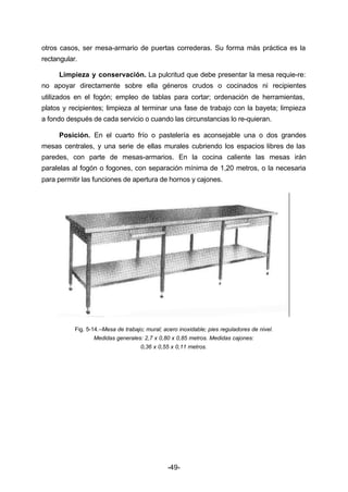 otros casos, ser mesa­armario 
de puertas correderas. Su forma más práctica es la 
rectangular. 
Limpieza y conservación. La pulcritud que debe presentar la mesa requie­re: 
no apoyar directamente sobre ella géneros crudos o cocinados ni recipientes 
utilizados en el fogón; empleo de tablas para cortar; ordenación de herramientas, 
platos y recipientes; limpieza al terminar una fase de trabajo con la bayeta; limpieza 
a fondo después de cada servicio o cuando las circunstancias lo re­quieran. 
Posición. En el cuarto frío o pastelería es aconsejable una o dos grandes 
mesas centrales, y una serie de ellas murales cubriendo los espacios libres de las 
paredes, con parte de mesas­armarios. 
En la cocina caliente las mesas irán 
paralelas al fogón o fogones, con separación mínima de 1,20 metros, o la necesaria 
para permitir las funciones de apertura de hornos y cajones. 
Fig. 5­14.– 
Mesa de trabajo; mural; acero inoxidable; pies reguladores de nivel. 
Medidas generales: 2,7 x 0,80 x 0,85 metros. Medidas cajones: 
0,36 x 0,55 x 0,11 metros. 
-49- 
 