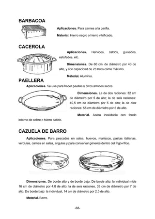 -68- 
BARBACOA 
Aplicaciones. Para carnes a la parilla. 
Material. Hierro negro o hierro vitrificado. 
CACEROLA 
Aplicaciones. Hervidos, caldos, guisados, 
estofados, etc. 
Dimensiones. De 60 cm de diámetro por 40 de 
alto, y con capacidad de 23 litros como máximo. 
Material. Aluminio. 
PAELLERA 
Aplicaciones. Se usa para hacer paellas u otros arroces secos. 
Dimensiones. La de dos raciones: 32 cm 
de diámetro por 5 de alto; la de seis raciones: 
40,5 cm de diámetro por 5 de alto; la de diez 
raciones: 55 cm de diámetro por 6 de alto. 
Material. Acero inoxidable con fondo 
interno de cobre o hierro batido. 
CAZUELA DE BARRO 
Aplicaciones. Para pescados en salsa, huevos, mariscos, pastas italianas, 
verduras, carnes en salsa, angulas y para conservar géneros dentro del frigo­rífico. 
Dimensiones. De borde alto y de borde bajo. De borde alto: la individual mide 
16 cm de diámetro por 4,8 de alto: la de seis raciones, 33 cm de diámetro por 7 de 
alto. De borde bajo: la individual, 14 cm de diámetro por 2,5 de alto. 
Material. Barro. 
 