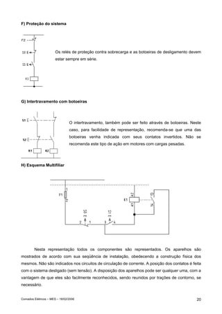 F) Proteção do sistema

Os relés de proteção contra sobrecarga e as botoeiras de desligamento devem
estar sempre em série.

G) Intertravamento com botoeiras

O intertravamento, também pode ser feito através de botoeiras. Neste
caso, para facilidade de representação, recomenda-se que uma das
botoeiras venha indicada com seus contatos invertidos. Não se
recomenda este tipo de ação em motores com cargas pesadas.

H) Esquema Multifiliar

Nesta representação todos os componentes são representados. Os aparelhos são
mostrados de acordo com sua seqüência de instalação, obedecendo a construção física dos
mesmos. Não são indicados nos circuitos de circulação de corrente. A posição dos contatos é feita
com o sistema desligado (sem tensão). A disposição dos aparelhos pode ser qualquer uma, com a
vantagem de que eles são facilmente reconhecidos, sendo reunidos por trações de contorno, se
necessário.

Comados Elétricos – MES – 18/02/2006

20

 