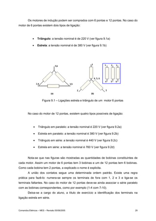 Os motores de indução podem ser comprados com 6 pontas e 12 pontas. No caso do
motor de 6 pontas existem dois tipos de ligação:

•

Triângulo: a tensão nominal é de 220 V (ver figura 9.1a)

•

Estrela: a tensão nominal é de 380 V (ver figura 9.1b)

Figura 9.1 – Ligações estrela e triângulo de um motor 6 pontas

No caso do motor de 12 pontas, existem quatro tipos possíveis de ligação:

•

Triângulo em paralelo: a tensão nominal é 220 V (ver figura 9.2a)

•

Estrela em paralelo: a tensão nominal é 380 V (ver figura 9.2b)

•

Triângulo em série: a tensão nominal é 440 V (ver figura 9.2c)

•

Estrela em série: a tensão nominal é 760 V (ver figura 9.2d)

Nota-se que nas figuras são mostradas as quantidades de bobinas constituintes de
cada motor. Assim um motor de 6 pontas tem 3 bobinas e um de 12 pontas tem 6 bobinas.
Como cada bobina tem 2 pontas, a explicado o nome é explicita.
A união dos contatos segue uma determinada ordem padrão. Existe uma regra
prática para fazê-lo: numera-se sempre os terminais de fora com 1, 2 e 3 e liga-se os
terminais faltantes. No caso do motor de 12 pontas deve-se ainda associar o série paralelo
com as bobinas correspondentes, como por exemplo (1-4 com 7-10).
Deixa-se a cargo do aluno, a título de exercício a identificação dos terminais na
ligação estrela em série.

Comandos Elétricos – MES – Revisão 05/08/2005

29

 