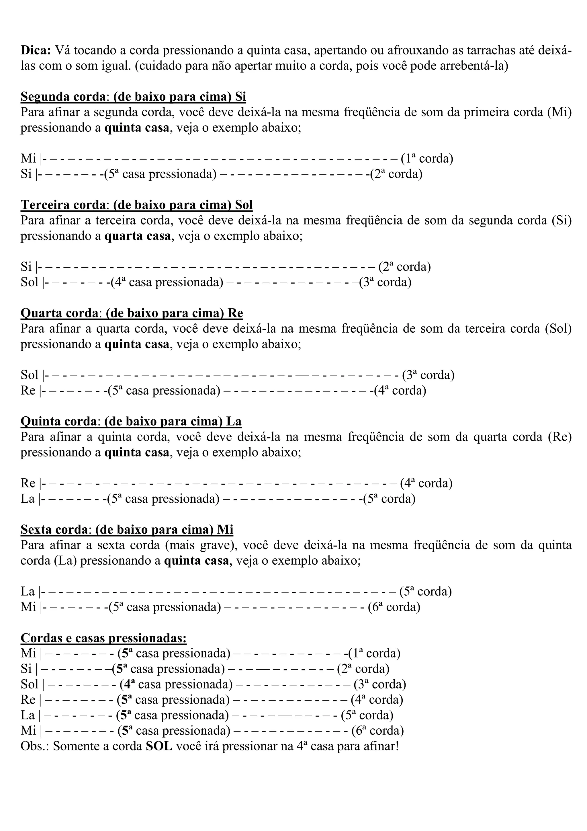 Dica: Vá tocando a corda pressionando a quinta casa, apertando ou afrouxando as tarrachas até deixá-
las com o som igual. (cuidado para não apertar muito a corda, pois você pode arrebentá-la)

Segunda corda: (de baixo para cima) Si
Para afinar a segunda corda, você deve deixá-la na mesma freqüência de som da primeira corda (Mi)
pressionando a quinta casa, veja o exemplo abaixo;

Mi |- – - – - – - – - – - – - – - – - – - – - – - – - – - – - – - – - – - – - – - – (1ª corda)
Si |- – - – - – - -(5ª casa pressionada) – - – - – - – - – – - – - – - – -(2ª corda)

Terceira corda: (de baixo para cima) Sol
Para afinar a terceira corda, você deve deixá-la na mesma freqüência de som da segunda corda (Si)
pressionando a quarta casa, veja o exemplo abaixo;

Si |- – - – - – - – - – - – - – - – - – - – - – - – - – - – - – - – - – - – - – (2ª corda)
Sol |- – - – - – - -(4ª casa pressionada) – - – - – - – - – - – - – - –(3ª corda)

Quarta corda: (de baixo para cima) Re
Para afinar a quarta corda, você deve deixá-la na mesma freqüência de som da terceira corda (Sol)
pressionando a quinta casa, veja o exemplo abaixo;

Sol |- – - – - – - – - – - – - – - – - – - – – - – - – - – - — – - – - – - – - – - (3ª corda)
Re |- – - – - – - -(5ª casa pressionada) – - – - – - – - – – - – - – - – -(4ª corda)

Quinta corda: (de baixo para cima) La
Para afinar a quinta corda, você deve deixá-la na mesma freqüência de som da quarta corda (Re)
pressionando a quinta casa, veja o exemplo abaixo;

Re |- – - – - – - – - – - – - – - – - – - – - – - – - – - – - – - – - – - – - – - – (4ª corda)
La |- – - – - – - -(5ª casa pressionada) – - – - – - – - – – - – - – - -(5ª corda)

Sexta corda: (de baixo para cima) Mi
Para afinar a sexta corda (mais grave), você deve deixá-la na mesma freqüência de som da quinta
corda (La) pressionando a quinta casa, veja o exemplo abaixo;

La |- – - – - – - – - – - – - – - – - – - – - – - – - – - – - – - – - – - – - – - – (5ª corda)
Mi |- – - – - – - -(5ª casa pressionada) – - – - – - – - – - – - – - – - (6ª corda)

Cordas e casas pressionadas:
Mi | – - – - – - – - (5ª casa pressionada) – – - – - – - – - – - – -(1ª corda)
Si | – - – - – - – –(5ª casa pressionada) – - – — – - – - – - – (2ª corda)
Sol | – - – - – - – - (4ª casa pressionada) – - – - – - – - – - – - – (3ª corda)
Re | – - – - – - – - (5ª casa pressionada) – - – - – - – - – - – - – (4ª corda)
La | – - – - – - – - (5ª casa pressionada) – - – - – — – – - – - (5ª corda)
Mi | – - – - – - – - (5ª casa pressionada) – - – - – - – – - – - – - (6ª corda)
Obs.: Somente a corda SOL você irá pressionar na 4ª casa para afinar!
 