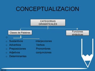 CONCEPTUALIZACION
                            CATEGORIAS
                           GRAMATICALES


    Clases de Palabras                    Funciones
                                          sintácticas
o
o   Sustantivos          interjecciones
o   Adverbios             Verbos
o   Preposiciones         Pronombres
o   Adjetivos            conjunciones
o   Determinantes
 