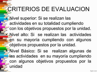 CRITERIOS DE EVALUACION
• Nivel superior: Si se realizan las
  actividades en su totalidad cumpliendo
  con los objetivos propuestos por la unidad.
• Nivel alto: Si se realizan las actividades
  en su mayoría cumpliendo con algunos
  objetivos propuestos por la unidad.
• Nivel Básico: Si se realizan algunas de
  las actividades en su mayoría cumpliendo
  con algunos objetivos propuestos por la
  unidad
 