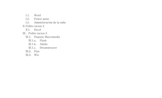 I.1. Word 
I.2. Power point 
I.3. Administración de la nube 
II. Pollito tacion 2 
II.1. Excel 
III. Pollito tacion 3 
III.1. Paquete Macromedia 
III.1.a. Flash 
III.1.b. Adobe 
III.1.c. Dreamweaver 
III.2. Flax 
III.3. Wix 
 