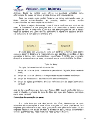definidas taxas ou índices sobre ativos ou passivos utilizados como 
referenciais. Os swaps permitem a troca de risco entre investidores. 
Pode ser usado como hedge (seguro) ou como especulação para se 
obter ganhos extraordinários. No entanto, podem ocorrer perdas 
extraordinárias, se a estratégia for perdedora. 
A figura a seguir demonstra como é operacionalizado um contrato de 
swap. A companhia A tem posições em taxas prefixadas e deseja assumir 
posições em CDI. A companhia B, por sua vez, tem posições em CDI e deseja 
trocá-las por taxa pré. Com o swap a companhia A ficará com posições em CDI 
e a companhia B com posições em taxa pré. 
Taxa Pré 
Companhia A Companhia B 
CDI 
O swap pode ser visualizado como um contrato a termo. Isso ocorre 
porque é possível decompor o relacionamento dos agentes envolvidos em dois 
contratos a termo com características especificas. A BM&F, por exemplo, 
denomina seus contratos de swap como contratos a termo de CDI e de dólar. 
Tipos de Swap: 
Os tipos de contratos mais comuns são: 
I. Swaps de taxas de juros: os contratos permitem a negociação de taxas de 
juros; 
II. Swaps de taxas de câmbio: são negociadas trocas de taxas de câmbio; 
III. Swaps de mercadorias: estão baseados em commodities; 
IV. Swaps de ações: permitem a troca de remunerações de papeis com renda 
variável. 
roca de juros prefixados por juros pós-fixados (CDI over), conhecido como o 
swap prefixado, e a troca de taxa de dólar por juros pós-fixados, conhecido 
como swap cambial. 
Exemplos de operação de swap 
I – Uma empresa que tem ativos em dólar, decorrentes de suas 
atividades de exportações e uma dívida corrigida por juros pós-fixados.Esta 
empresa gostaria de trocar seu risco “juro pós-fixado” pelo risco “dólar”. Outra 
empresa nacional,com ativos em reais e dívidas em dólar, deseja justamente o 
oposto: quer trocar seu risco dólar pelo risco “juro pós-fixado”. 
110 
 