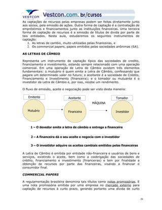 As captações de recursos pelas empresas podem ser feitas diretamente junto 
aos sócios, pela emissão de ações. Outra forma de captação é a contratação de 
empréstimos e financiamentos junto as instituições financeiras. Uma terceira 
forma de captação de recursos é a emissão de títulos de divida por parte de 
tais entidades. Nesta aula, estudaremos os seguintes instrumentos de 
captação: 
1. As letras de cambio, muito utilizadas pelas financeiras, e 
2. Os commercial papers, papeis emitidos pelas sociedades anônimas (SA). 
AS LETRAS DE CÂMBIO 
Representa um instrumento de captação típico das sociedades de credito, 
financiamento e investimento, estando sempre relacionado com uma operação 
comercial. Em uma operação de Letra de Câmbio existem três elementos 
fundamentais: o mutuário é quem emite a Letra de Câmbio, confessando que 
pagara um determinado valor no futuro; o aceitante é a sociedade de Crédito, 
Financiamento e Investimento (financeira); e o tomador ou mutuante é o 
investidor da Letra de Câmbio e, por isso, recebe um rendimento. 
O fluxo de emissão, aceite e negociação pode ser visto desta maneira: 
Aceitante Tomador 
MÁQUINA 
Financeira Investidor 
Emitente 
Mutuário 
1 – O devedor emite a letra de câmbio e entrega a financeira 
2 – A financeira dá o seu aceite e negocia com o investidor 
3 – O investidor adquire os aceites cambiais emitidos pelas financeiras 
A Letra de Câmbio é emitida por entidade não-financeira e usuários de bens e 
serviços, existindo o aceite, bem como a coobrigação das sociedades de 
crédito, financiamento e investimento (financeiras) e tem por finalidade a 
obtenção de recursos por parte das financeiras, visando a financiar o 
consumidor final. 
COMMERCIAL PAPERS 
A regulamentação brasileira denomina tais títulos como notas promissórias. E 
uma nota promissória emitida por uma empresa no mercado externo para 
captação de recursos à curto prazo, gerando portanto uma dívida de curto 
29 
 