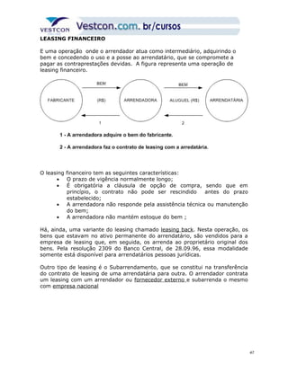 LEASING FINANCEIRO 
E uma operação onde o arrendador atua como intermediário, adquirindo o 
bem e concedendo o uso e a posse ao arrendatário, que se compromete a 
pagar as contraprestações devidas. A figura representa uma operação de 
leasing financeiro. 
O leasing financeiro tem as seguintes características: 
· O prazo de vigência normalmente longo; 
· É obrigatória a cláusula de opção de compra, sendo que em 
princípio, o contrato não pode ser rescindido antes do prazo 
estabelecido; 
· A arrendadora não responde pela assistência técnica ou manutenção 
do bem; 
· A arrendadora não mantém estoque do bem ; 
Há, ainda, uma variante do leasing chamado leasing back. Nesta operação, os 
bens que estavam no ativo permanente do arrendatário, são vendidos para a 
empresa de leasing que, em seguida, os arrenda ao proprietário original dos 
bens. Pela resolução 2309 do Banco Central, de 28.09.96, essa modalidade 
somente está disponível para arrendatários pessoas jurídicas. 
Outro tipo de leasing é o Subarrendamento, que se constitui na transferência 
do contrato de leasing de uma arrendatária para outra. O arrendador contrata 
um leasing com um arrendador ou fornecedor externo e subarrenda o mesmo 
com empresa nacional 
47 
 