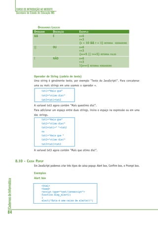 CURSO DE INTRODUÇÃO AO WEBSITE
Secretaria de Estado de Educação MG
84
CadernosdeInformática
OPERADORES LOGICOS
OPERADOR DESCRIÇÃO EXEMPLO
&& E X=6
Y=3
(X < 10 && Y > 1) RETORNA VERDADEIRO
|| OU X=6
Y=3
(X==5 || Y==5) RETORNA FALSO
! NÃO X=6
Y=3
!(X==Y) RETORNA VERDADEIRO
Operador de String (cadeia de texto)
Uma string é geralmente texto, por exemplo "Texto do JavaScript!". Para concatenar
uma ou mais strings em uma usamos o operador +.
txt1="Mais que"
txt2="otimo dia!"
txt3=txt1+txt2
A variavel txt3 agora contém "Mais queotimo dia!".
Para adicionar um espaço entre duas strings, insira o espaço na expressão ou em uma
das strings.
txt1="Mais que"
txt2="otimo dia!"
txt3=txt1+" "+txt2
ou
txt1="Mais que "
txt2="otimo dia!"
txt3=txt1+txt2
A variavel txt3 agora contém "Mais que otimo dia!".
8.10 - CAIXA POPUP
Em JavaScript podemos criar três tipos de caixa popup: Alert box, Confirm box, e Prompt box.
Exemplos
Alert box
<html>
<head>
<script type="text/javascript">
function disp_alert()
{
alert("Esta é uma caixa de alerta!!")
 
