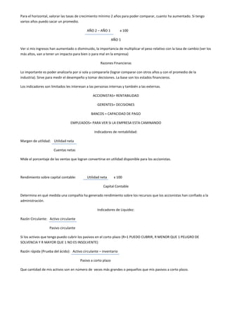 Para el horizontal, valorar las tasas de crecimiento mínimo 2 años para poder comparar, cuanto ha aumentado. Si tengo
varios años puedo sacar un promedio.
AÑO 2 – AÑO 1 x 100
AÑO 1
Ver si mis ingresos han aumentado o disminuido, la importancia de multiplicar el peso relativo con la tasa de cambio (ver los
más altos, van a tener un impacto para bien o para mal en la empresa)
Razones Financieras
Lo importante es poder analizarla por si sola y compararla (lograr comparar con otros años y con el promedio de la
industria). Sirve para medir el desempeño y tomar decisiones. La base son los estados financieros.
Los indicadores son limitados les interesan a las personas internas y también a las externas.
ACCIONISTAS= RENTABILIDAD
GERENTES= DECISIONES
BANCOS = CAPACIDAD DE PAGO
EMPLEADOS= PARA VER SI LA EMPRESA ESTA CAMINANDO
Indicadores de rentabilidad:
Margen de utilidad: Utilidad neta
Cuentas netas
Mide el porcentaje de las ventas que logran convertirse en utilidad disponible para los accionistas.
Rendimiento sobre capital contable: Utilidad neta x 100
Capital Contable
Determina en qué medida una compañía ha generado rendimiento sobre los recursos que los accionistas han confiado a la
administración.
Indicadores de Liquidez:
Razón Circulante: Activo circulante
Pasivo circulante
Si los activos que tengo puedo cubrir los pasivos en el corto plazo (R=1 PUEDO CUBRIR, R MENOR QUE 1 PELIGRO DE
SOLVENCIA Y R MAYOR QUE 1 NO ES INSOLVENTE)
Razón rápida (Prueba del ácido): Activo circulante – inventario
Pasivo a corto plazo
Que cantidad de mis activos son en número de veces más grandes o pequeños que mis pasivos a corto plazo.
 