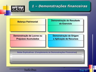 1 – Demonstrações financeiras
                  1 – Demonstrações financeiras



                                      Demonstração do Resultado
                                       Demonstração do Resultado
   Balanço Patrimonial
    Balanço Patrimonial
                                            do Exercício
                                             do Exercício




Demonstração de Lucros ou
 Demonstração de Lucros ou              Demonstração de Origem
                                         Demonstração de Origem
   Prejuízos Acumulados
    Prejuízos Acumulados                eeAplicação de Recursos
                                           Aplicação de Recursos




   Notas Explicativas: (Complemento às Demonstrações Financeiras)




          Prof. José Carlos Marion e Sérgio
          Iudícibus                                                 Cap 01
 