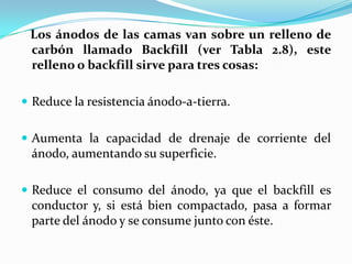 Los ánodos de las camas van sobre un relleno de
 carbón llamado Backfill (ver Tabla 2.8), este
 relleno o backfill sirve para tres cosas:

 Reduce la resistencia ánodo-a-tierra.


 Aumenta la capacidad de drenaje de corriente del
 ánodo, aumentando su superficie.

 Reduce el consumo del ánodo, ya que el backfill es
 conductor y, si está bien compactado, pasa a formar
 parte del ánodo y se consume junto con éste.
 