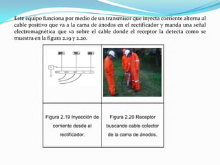 Este equipo funciona por medio de un transmisor que inyecta corriente alterna al
cable positivo que va a la cama de ánodos en el rectificador y manda una señal
electromagnética que va sobre el cable donde el receptor la detecta como se
muestra en la figura 2.19 y 2.20.




             Figura 2.19 Inyección de    Figura 2.20 Receptor
                corriente desde el      buscando cable colector
                   rectificador.        de la cama de ánodos.
 