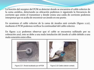 La función del receptor del PCM es detectar donde se encuentra el cable colector de
la cama anódica, detectando su ubicación podemos ir siguiendo la frecuencia de
corriente que emite el transmisor y donde exista una caída de corriente podemos
interpretar que se acaba de encontrar un ánodo en ese punto.

En ocasiones el cable colector de la cama de ánodos está cortado (figura 2.22),
mediante el PCM podemos verificar la continuidad del cable colector.

En figura 2.22 podemos observar que el cable se encuentra sulfatado por su
coloración azul, esto se debe a una mala instalación del ánodo al cable debido a una
mala conexión entre ellos.




         Figura 2.21. Ánodo localizado por el PCM   Figura 2.22 Cable colector cortado
 
