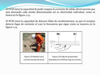 El PCM tiene la capacidad de poder mapear la corriente de salida efectivamente que
esta drenando cada ánodo determinando así su efectividad individual, como se
ilustra en la figura 2.23.

El PCM tiene la capacidad de detectar fallas de recubrimientos, ya que el receptor
detecta fugas de corriente al caer la frecuencia que sigue como se muestra en la
figura 2.24.




                Figura 2.23 Medición de la        Figura 2.24 Falla de recubrimiento
                corriente drenada del ánodo   detectada por el PCM por fuga de corriente.
 