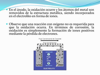  En el ánodo, la oxidación ocurre y los átomos del metal son
  removidos de la estructura metálica, siendo incorporados
  en el electrolito en forma de iones.

 Observe que una reacción con oxígeno no es requerida para
  que la oxidación ocurra. En términos de corrosión, la
  oxidación es simplemente la formación de iones positivos
  mediante la pérdida de electrones.
 