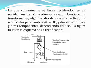  Lo que comúnmente se llama rectificador, es en
 realidad un transformador-rectificador. Contiene un
 transformador, algún medio de ajustar el voltaje, un
 rectificador para cambiar AC a DC, y diversos controles
 y otros componentes, dependiendo del uso. La figura
 muestra el esquema de un rectificador:
 