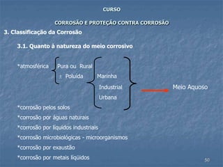50
CURSO
CORROSÃO E PROTEÇÃO CONTRA CORROSÃO
3. Classificação da Corrosão
3.1. Quanto à natureza do meio corrosivo
*atmosférica Pura ou Rural
 Poluída Marinha
Industrial Meio Aquoso
Urbana
*corrosão pelos solos
*corrosão por águas naturais
*corrosão por líquidos industriais
*corrosão microbiológicas - microorganismos
*corrosão por exaustão
*corrosão por metais líqüidos
 