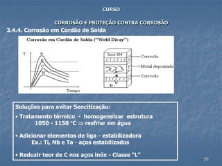 56
CURSO
CORROSÃO E PROTEÇÃO CONTRA CORROSÃO
3.4.4. Corrosão em Cordão de Solda
Soluções para evitar Sencitização:
• Tratamento térmico - homogeneizar estrutura
1050 - 1150 C  resfriar em água
• Adicionar elementos de liga - estabilizadora
Ex.: Ti, Nb e Ta - aços estabilizados
• Reduzir teor de C nos aços inóx - Classe “L”
 