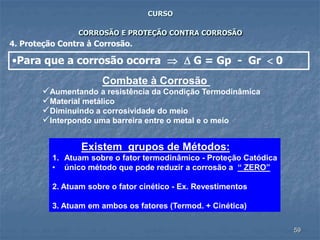 59
CURSO
CORROSÃO E PROTEÇÃO CONTRA CORROSÃO
4. Proteção Contra à Corrosão.
•Para que a corrosão ocorra   G = Gp - Gr  0
Combate à Corrosão
Aumentando a resistência da Condição Termodinâmica
Material metálico
Diminuindo a corrosividade do meio
Interpondo uma barreira entre o metal e o meio
Existem grupos de Métodos:
1. Atuam sobre o fator termodinâmico - Proteção Catódica
• único método que pode reduzir a corrosão a “ ZERO”
2. Atuam sobre o fator cinético - Ex. Revestimentos
3. Atuam em ambos os fatores (Termod. + Cinética)
 