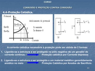 63
CURSO
CORROSÃO E PROTEÇÃO CONTRA CORROSÃO
4.4-Proteção Catódica.
A corrente catódica necessária à proteção pode ser obtida de 2 formas:
1. Ligando-se a estrutura a ser protegida no pólo negativo de um gerador de
corrente contínua. Proteção catódica por Corrente Impressa
2. Ligando-se a estrutura a ser protegida a um material metálico garantidamente
anódico no meio Proteção Catódica por Anodos de Sacrifício.
 