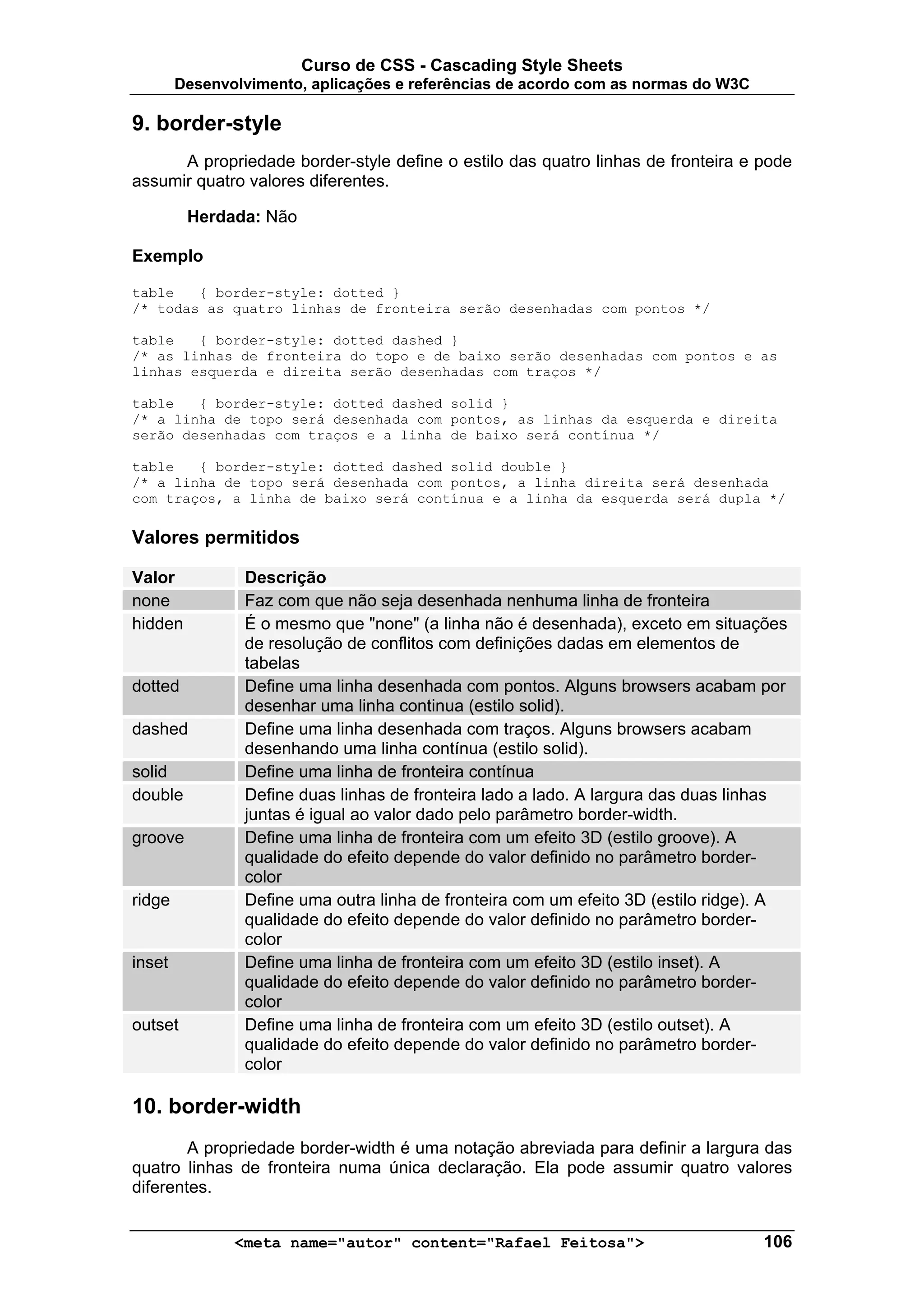 Curso de CSS - Cascading Style Sheets
        Desenvolvimento, aplicações e referências de acordo com as normas do W3C

9. border-style
      A propriedade border-style define o estilo das quatro linhas de fronteira e pode
assumir quatro valores diferentes.

         Herdada: Não

Exemplo

table   { border-style: dotted }
/* todas as quatro linhas de fronteira serão desenhadas com pontos */

table   { border-style: dotted dashed }
/* as linhas de fronteira do topo e de baixo serão desenhadas com pontos e as
linhas esquerda e direita serão desenhadas com traços */

table   { border-style: dotted dashed solid }
/* a linha de topo será desenhada com pontos, as linhas da esquerda e direita
serão desenhadas com traços e a linha de baixo será contínua */

table   { border-style: dotted dashed solid double }
/* a linha de topo será desenhada com pontos, a linha direita será desenhada
com traços, a linha de baixo será contínua e a linha da esquerda será dupla */

Valores permitidos

Valor           Descrição
none            Faz com que não seja desenhada nenhuma linha de fronteira
hidden          É o mesmo que "none" (a linha não é desenhada), exceto em situações
                de resolução de conflitos com definições dadas em elementos de
                tabelas
dotted          Define uma linha desenhada com pontos. Alguns browsers acabam por
                desenhar uma linha continua (estilo solid).
dashed          Define uma linha desenhada com traços. Alguns browsers acabam
                desenhando uma linha contínua (estilo solid).
solid           Define uma linha de fronteira contínua
double          Define duas linhas de fronteira lado a lado. A largura das duas linhas
                juntas é igual ao valor dado pelo parâmetro border-width.
groove          Define uma linha de fronteira com um efeito 3D (estilo groove). A
                qualidade do efeito depende do valor definido no parâmetro border-
                color
ridge           Define uma outra linha de fronteira com um efeito 3D (estilo ridge). A
                qualidade do efeito depende do valor definido no parâmetro border-
                color
inset           Define uma linha de fronteira com um efeito 3D (estilo inset). A
                qualidade do efeito depende do valor definido no parâmetro border-
                color
outset          Define uma linha de fronteira com um efeito 3D (estilo outset). A
                qualidade do efeito depende do valor definido no parâmetro border-
                color

10. border-width
        A propriedade border-width é uma notação abreviada para definir a largura das
quatro linhas de fronteira numa única declaração. Ela pode assumir quatro valores
diferentes.


               <meta name="autor" content="Rafael Feitosa">                        106
 