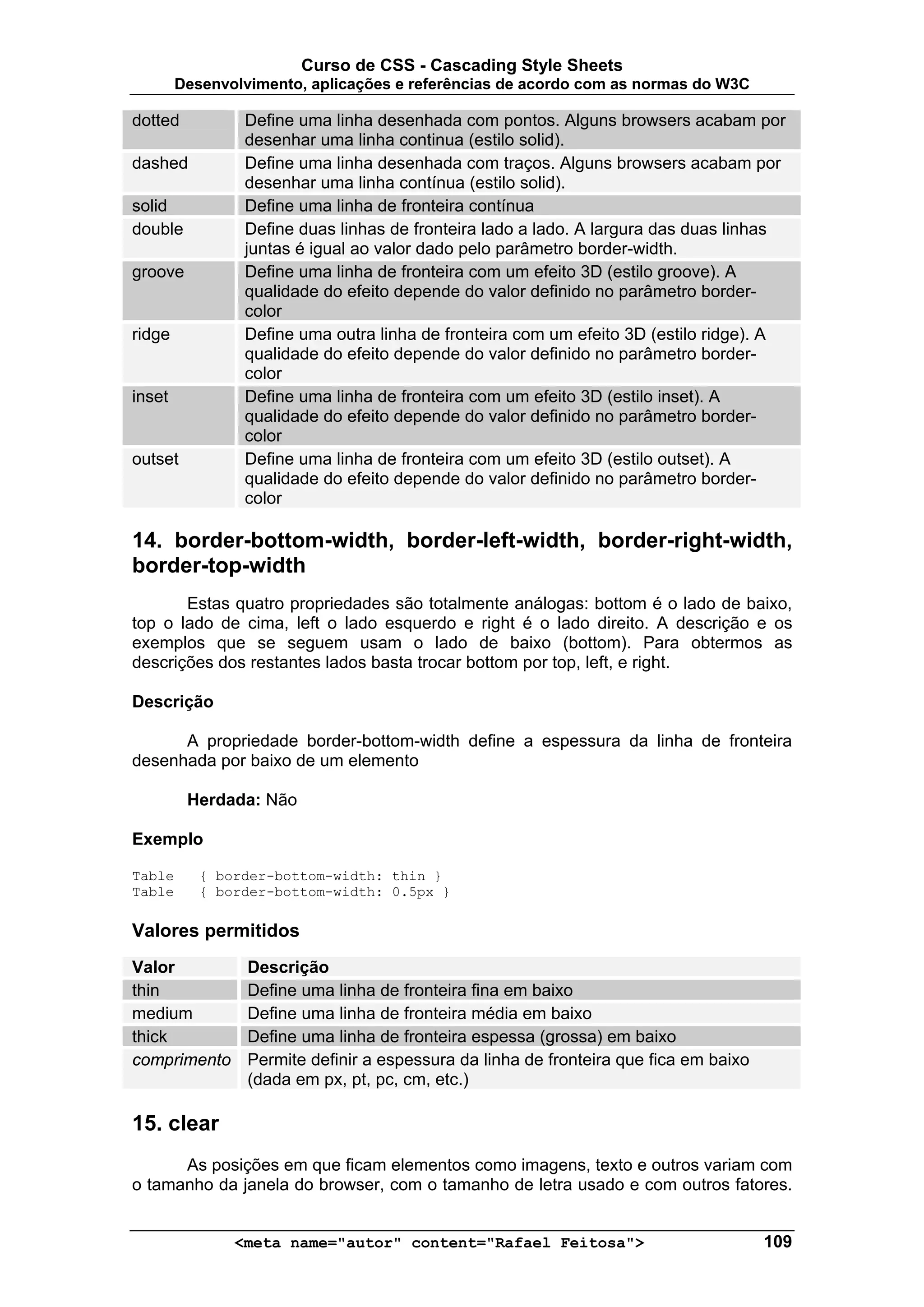 Curso de CSS - Cascading Style Sheets
        Desenvolvimento, aplicações e referências de acordo com as normas do W3C

dotted          Define uma linha desenhada com pontos. Alguns browsers acabam por
                desenhar uma linha continua (estilo solid).
dashed          Define uma linha desenhada com traços. Alguns browsers acabam por
                desenhar uma linha contínua (estilo solid).
solid           Define uma linha de fronteira contínua
double          Define duas linhas de fronteira lado a lado. A largura das duas linhas
                juntas é igual ao valor dado pelo parâmetro border-width.
groove          Define uma linha de fronteira com um efeito 3D (estilo groove). A
                qualidade do efeito depende do valor definido no parâmetro border-
                color
ridge           Define uma outra linha de fronteira com um efeito 3D (estilo ridge). A
                qualidade do efeito depende do valor definido no parâmetro border-
                color
inset           Define uma linha de fronteira com um efeito 3D (estilo inset). A
                qualidade do efeito depende do valor definido no parâmetro border-
                color
outset          Define uma linha de fronteira com um efeito 3D (estilo outset). A
                qualidade do efeito depende do valor definido no parâmetro border-
                color

14. border-bottom-width, border-left-width, border-right-width,
border-top-width
       Estas quatro propriedades são totalmente análogas: bottom é o lado de baixo,
top o lado de cima, left o lado esquerdo e right é o lado direito. A descrição e os
exemplos que se seguem usam o lado de baixo (bottom). Para obtermos as
descrições dos restantes lados basta trocar bottom por top, left, e right.

Descrição

      A propriedade border-bottom-width define a espessura da linha de fronteira
desenhada por baixo de um elemento

         Herdada: Não

Exemplo

Table      { border-bottom-width: thin }
Table      { border-bottom-width: 0.5px }

Valores permitidos
Valor            Descrição
thin             Define uma linha de fronteira fina em baixo
medium           Define uma linha de fronteira média em baixo
thick            Define uma linha de fronteira espessa (grossa) em baixo
comprimento      Permite definir a espessura da linha de fronteira que fica em baixo
                 (dada em px, pt, pc, cm, etc.)

15. clear
      As posições em que ficam elementos como imagens, texto e outros variam com
o tamanho da janela do browser, com o tamanho de letra usado e com outros fatores.


               <meta name="autor" content="Rafael Feitosa">                            109
 