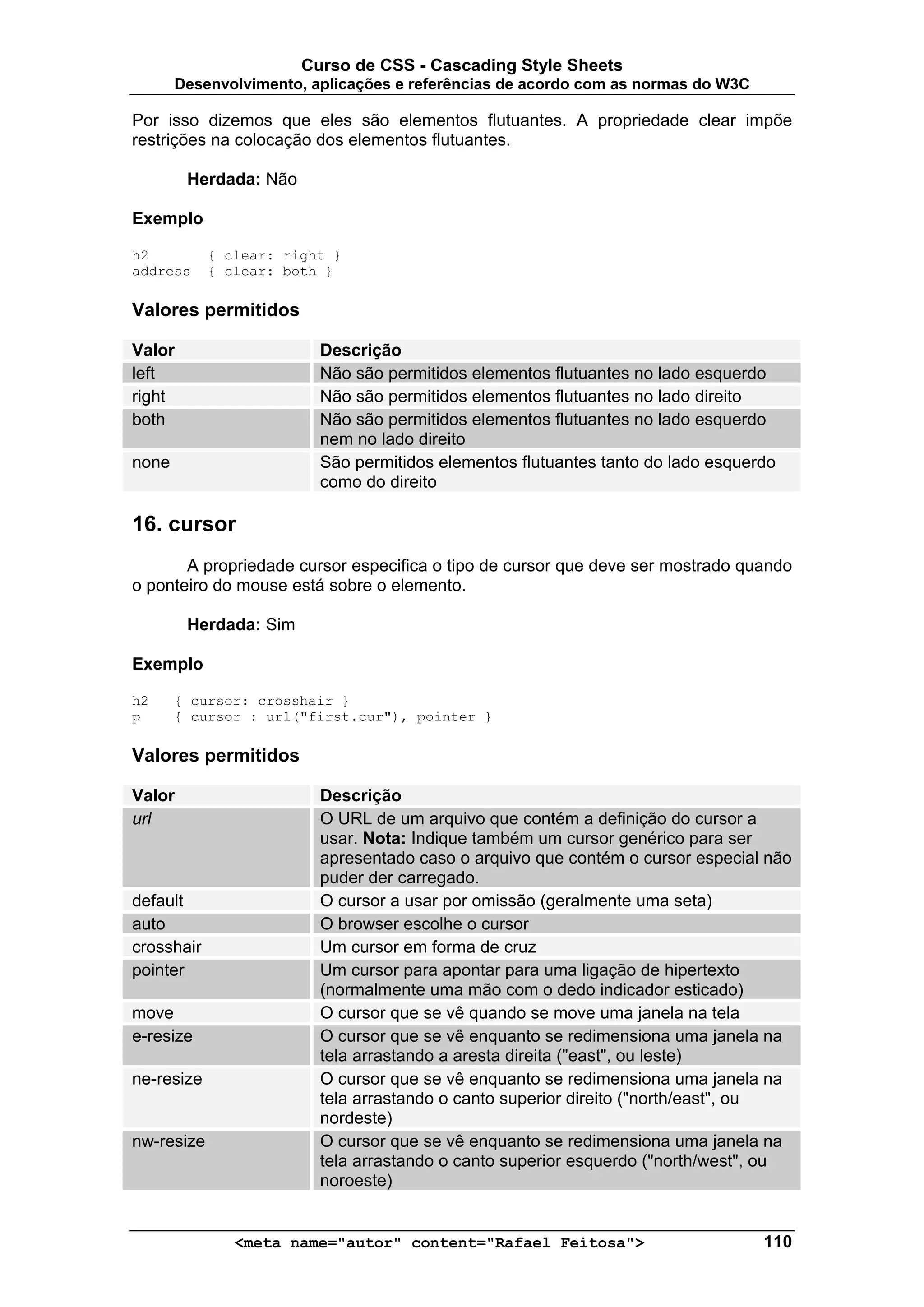 Curso de CSS - Cascading Style Sheets
       Desenvolvimento, aplicações e referências de acordo com as normas do W3C

Por isso dizemos que eles são elementos flutuantes. A propriedade clear impõe
restrições na colocação dos elementos flutuantes.

        Herdada: Não

Exemplo

h2          { clear: right }
address     { clear: both }

Valores permitidos

Valor                    Descrição
left                     Não são permitidos elementos flutuantes no lado esquerdo
right                    Não são permitidos elementos flutuantes no lado direito
both                     Não são permitidos elementos flutuantes no lado esquerdo
                         nem no lado direito
none                     São permitidos elementos flutuantes tanto do lado esquerdo
                         como do direito

16. cursor
       A propriedade cursor especifica o tipo de cursor que deve ser mostrado quando
o ponteiro do mouse está sobre o elemento.

        Herdada: Sim

Exemplo

h2     { cursor: crosshair }
p      { cursor : url("first.cur"), pointer }

Valores permitidos

Valor                    Descrição
url                      O URL de um arquivo que contém a definição do cursor a
                         usar. Nota: Indique também um cursor genérico para ser
                         apresentado caso o arquivo que contém o cursor especial não
                         puder der carregado.
default                  O cursor a usar por omissão (geralmente uma seta)
auto                     O browser escolhe o cursor
crosshair                Um cursor em forma de cruz
pointer                  Um cursor para apontar para uma ligação de hipertexto
                         (normalmente uma mão com o dedo indicador esticado)
move                     O cursor que se vê quando se move uma janela na tela
e-resize                 O cursor que se vê enquanto se redimensiona uma janela na
                         tela arrastando a aresta direita ("east", ou leste)
ne-resize                O cursor que se vê enquanto se redimensiona uma janela na
                         tela arrastando o canto superior direito ("north/east", ou
                         nordeste)
nw-resize                O cursor que se vê enquanto se redimensiona uma janela na
                         tela arrastando o canto superior esquerdo ("north/west", ou
                         noroeste)


               <meta name="autor" content="Rafael Feitosa">                       110
 