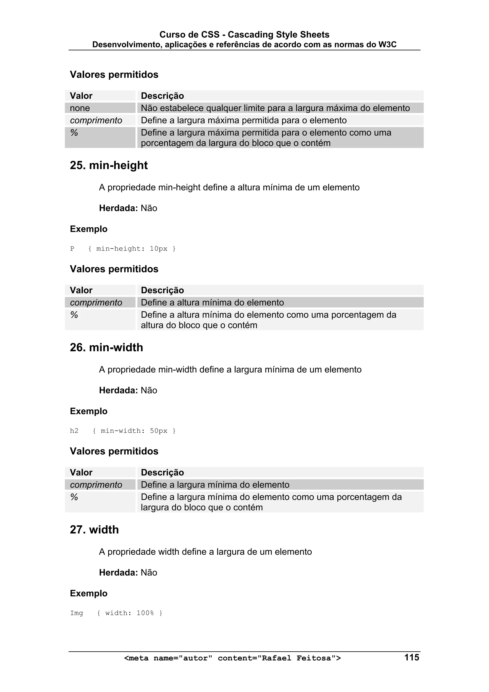Curso de CSS - Cascading Style Sheets
       Desenvolvimento, aplicações e referências de acordo com as normas do W3C


Valores permitidos

Valor             Descrição
none              Não estabelece qualquer limite para a largura máxima do elemento
comprimento       Define a largura máxima permitida para o elemento
%                 Define a largura máxima permitida para o elemento como uma
                  porcentagem da largura do bloco que o contém

25. min-height
        A propriedade min-height define a altura mínima de um elemento

        Herdada: Não

Exemplo

P     { min-height: 10px }

Valores permitidos

Valor             Descrição
comprimento       Define a altura mínima do elemento
%                 Define a altura mínima do elemento como uma porcentagem da
                  altura do bloco que o contém

26. min-width
        A propriedade min-width define a largura mínima de um elemento

        Herdada: Não

Exemplo

h2    { min-width: 50px }

Valores permitidos

Valor             Descrição
comprimento       Define a largura mínima do elemento
%                 Define a largura mínima do elemento como uma porcentagem da
                  largura do bloco que o contém

27. width
        A propriedade width define a largura de um elemento

        Herdada: Não

Exemplo

Img     { width: 100% }




              <meta name="autor" content="Rafael Feitosa">                        115
 