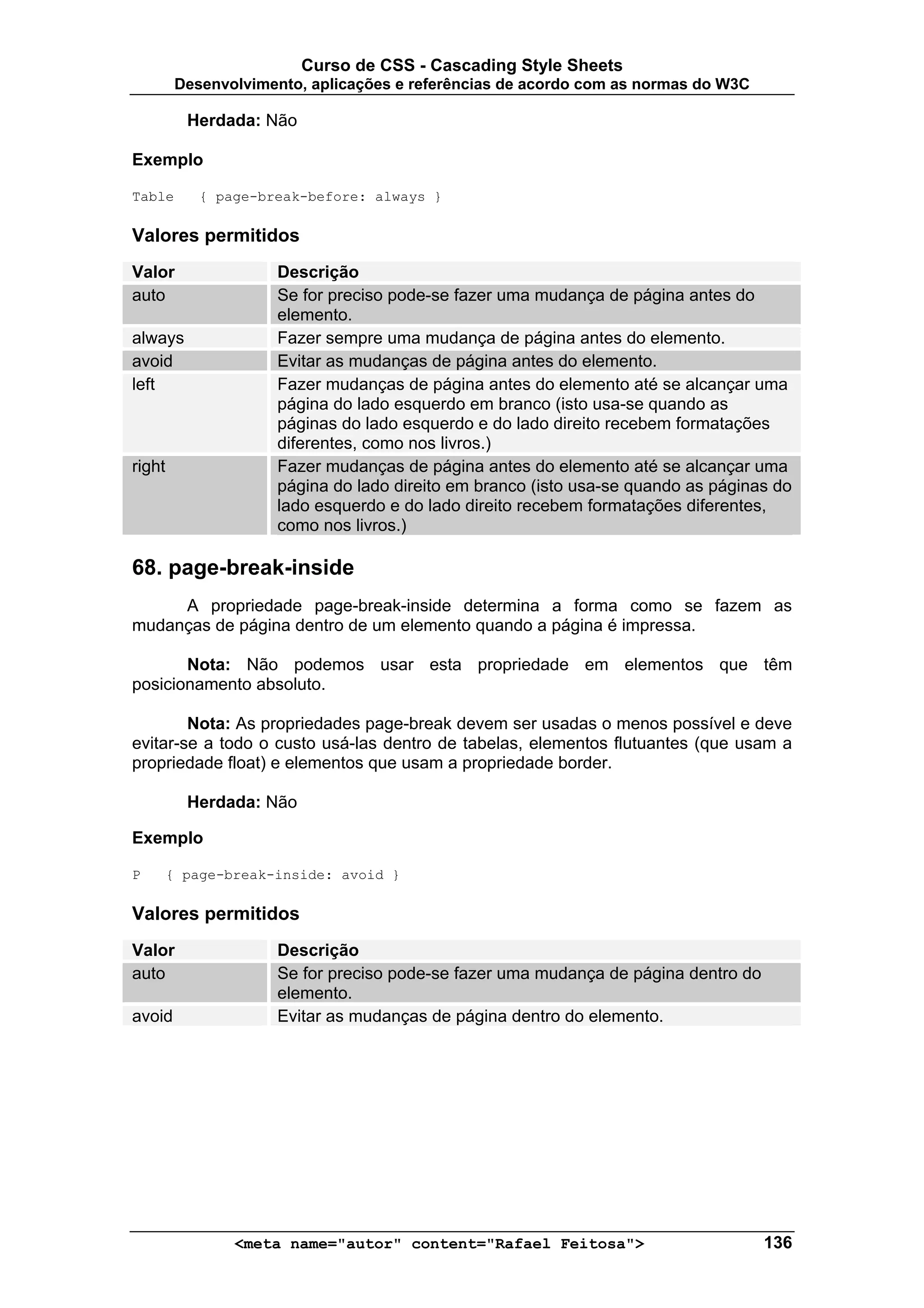 Curso de CSS - Cascading Style Sheets
         Desenvolvimento, aplicações e referências de acordo com as normas do W3C

          Herdada: Não

Exemplo

Table       { page-break-before: always }

Valores permitidos
Valor                Descrição
auto                 Se for preciso pode-se fazer uma mudança de página antes do
                     elemento.
always               Fazer sempre uma mudança de página antes do elemento.
avoid                Evitar as mudanças de página antes do elemento.
left                 Fazer mudanças de página antes do elemento até se alcançar uma
                     página do lado esquerdo em branco (isto usa-se quando as
                     páginas do lado esquerdo e do lado direito recebem formatações
                     diferentes, como nos livros.)
right                Fazer mudanças de página antes do elemento até se alcançar uma
                     página do lado direito em branco (isto usa-se quando as páginas do
                     lado esquerdo e do lado direito recebem formatações diferentes,
                     como nos livros.)

68. page-break-inside
     A propriedade page-break-inside determina a forma como se fazem as
mudanças de página dentro de um elemento quando a página é impressa.

       Nota: Não podemos usar esta propriedade em elementos que têm
posicionamento absoluto.

        Nota: As propriedades page-break devem ser usadas o menos possível e deve
evitar-se a todo o custo usá-las dentro de tabelas, elementos flutuantes (que usam a
propriedade float) e elementos que usam a propriedade border.

          Herdada: Não

Exemplo

P       { page-break-inside: avoid }

Valores permitidos
Valor                Descrição
auto                 Se for preciso pode-se fazer uma mudança de página dentro do
                     elemento.
avoid                Evitar as mudanças de página dentro do elemento.




                <meta name="autor" content="Rafael Feitosa">                        136
 